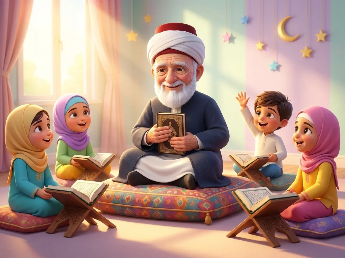 الشيخ متولي وحواليه أطفال بيحفظوا القرآن